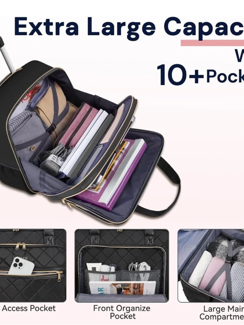Quilted Black Travel Rolling Briefcase With Gold Zippers YTONET